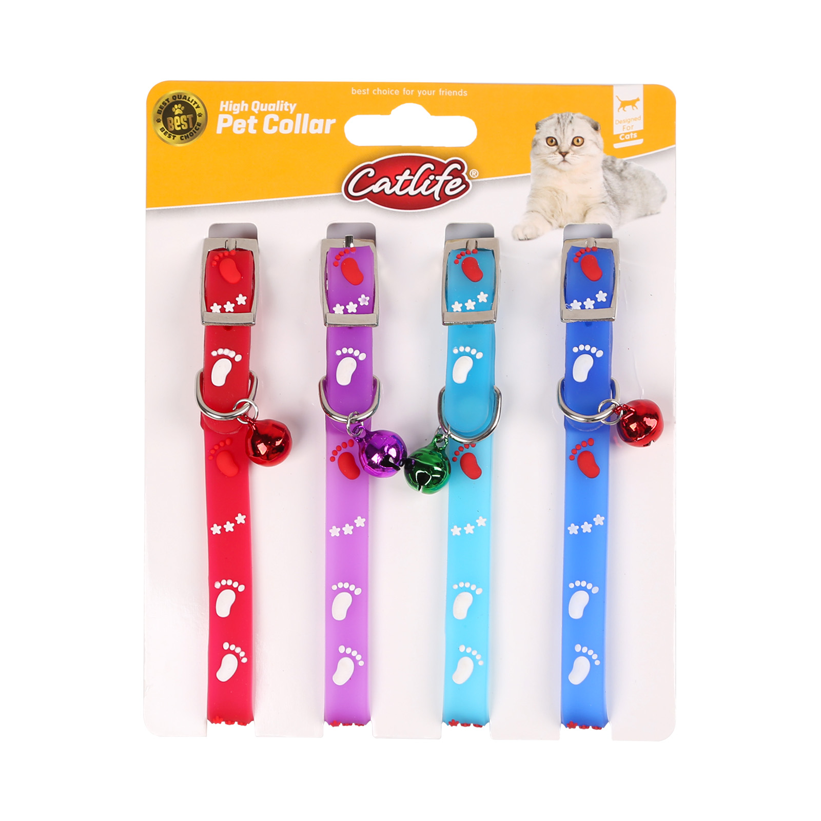 CATLİFE 4LÜ PATİ DESENLİ SİLİKON BOYUN TASMASI ZİLLİ MİX COLOR