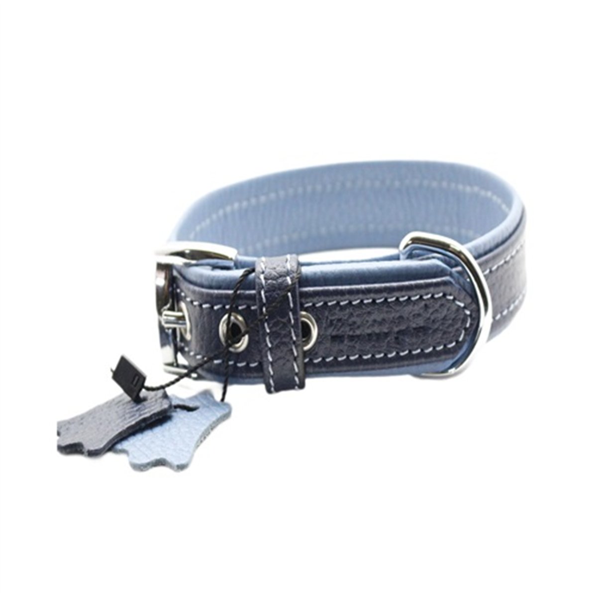 YUMUŞAK DOKULU GERÇEK DERİ FLATİRON KÖPEK BOYUN TASMASI 2X35 CM LACİVERT TURKUAZ